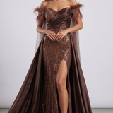 Abito lungo a sirena  con spacco e piume <BR/> KMK605 BRONZO MARICLA ELEGANCE 