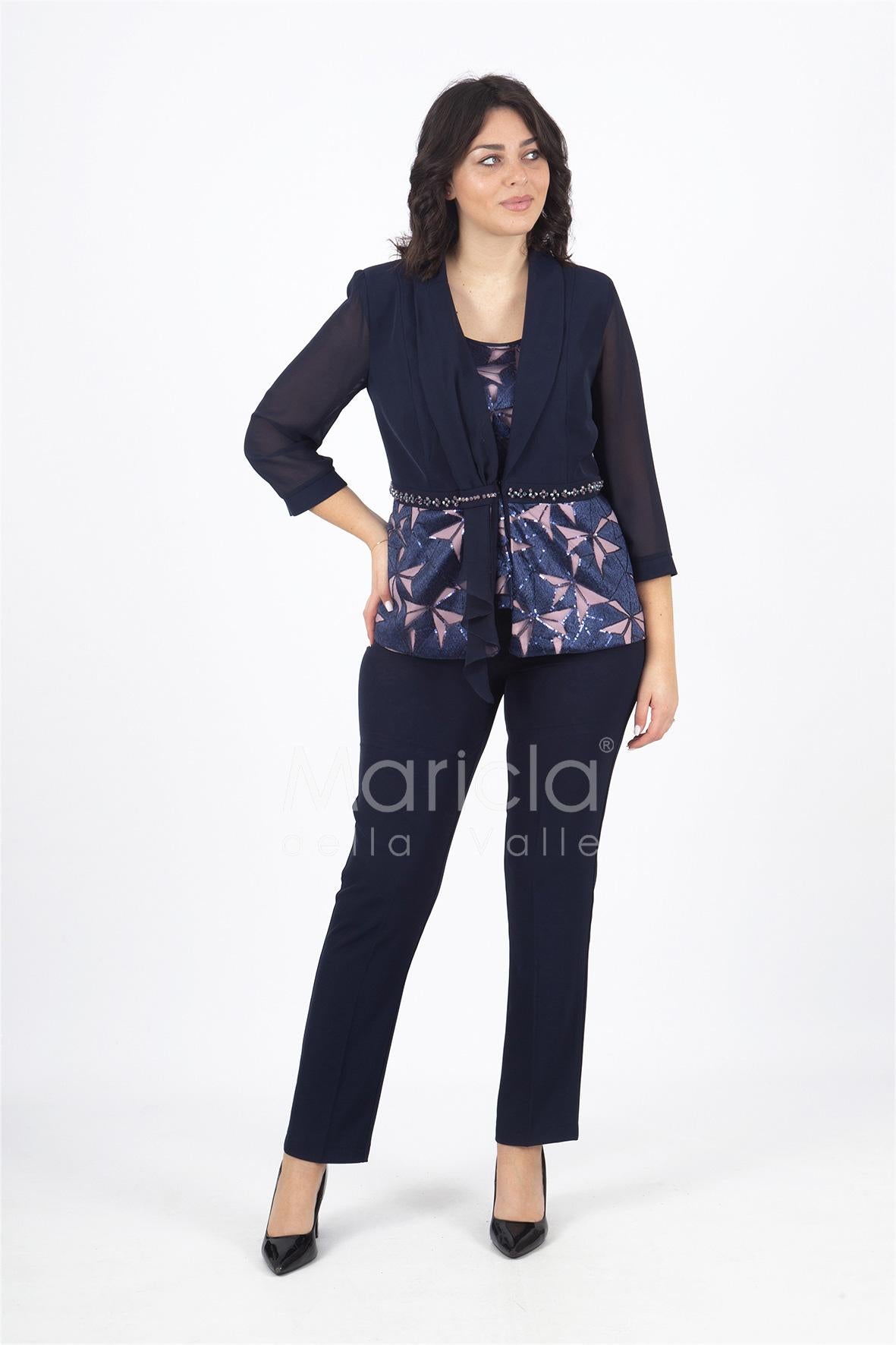 tailleur 3 pezzi giacca paiette LH903 BLU LUDOVICA HASSLER 