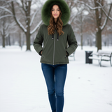 giaccone spalmato medio con cappuccio in pelliccia PH979 VERDE PEGGY HO 