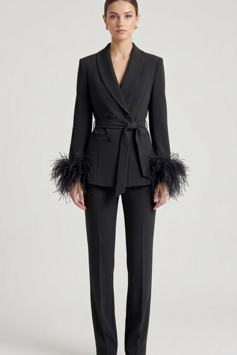 tailleur doppio petto con piume EC04602 NERO MARICLA 