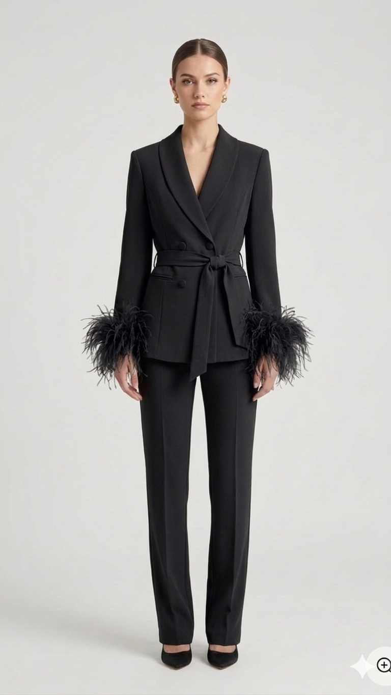 tailleur doppio petto con piume EC04602 NERO MARICLA 