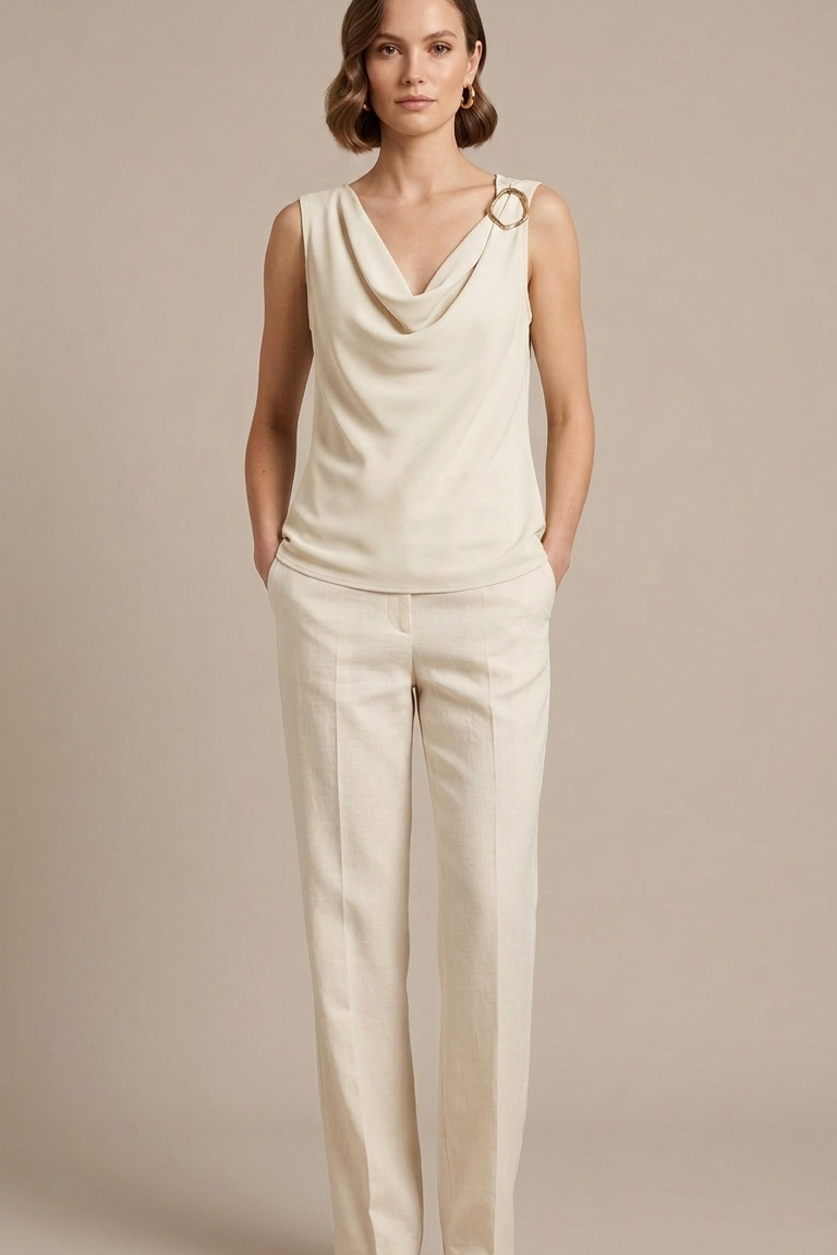 Top Fluido con Scollo a Drappeggio e Dettaglio Bijou LIB25155 PANNA MARICLA 