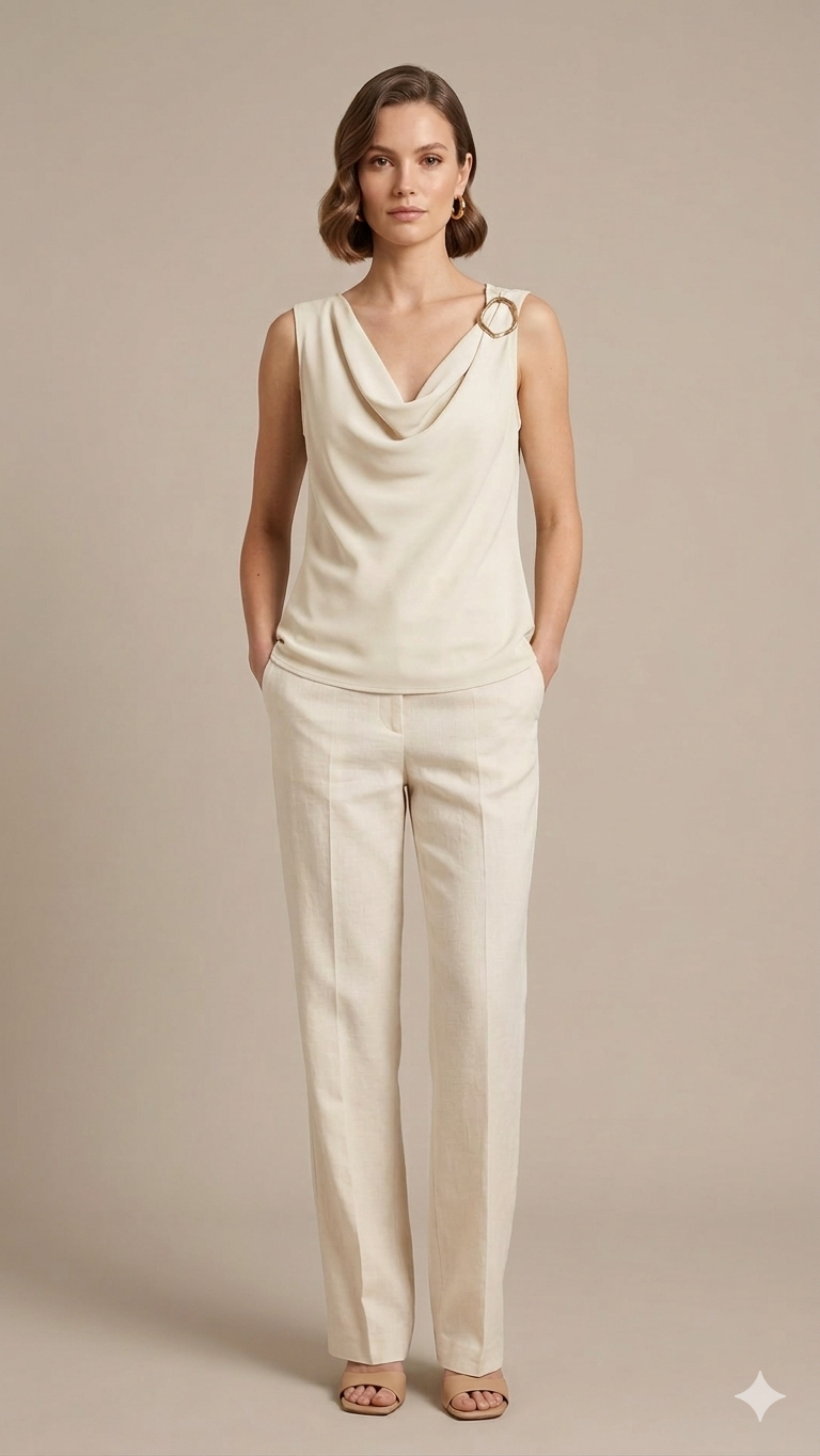 Top Fluido con Scollo a Drappeggio e Dettaglio Bijou LIB25155 PANNA MARICLA 