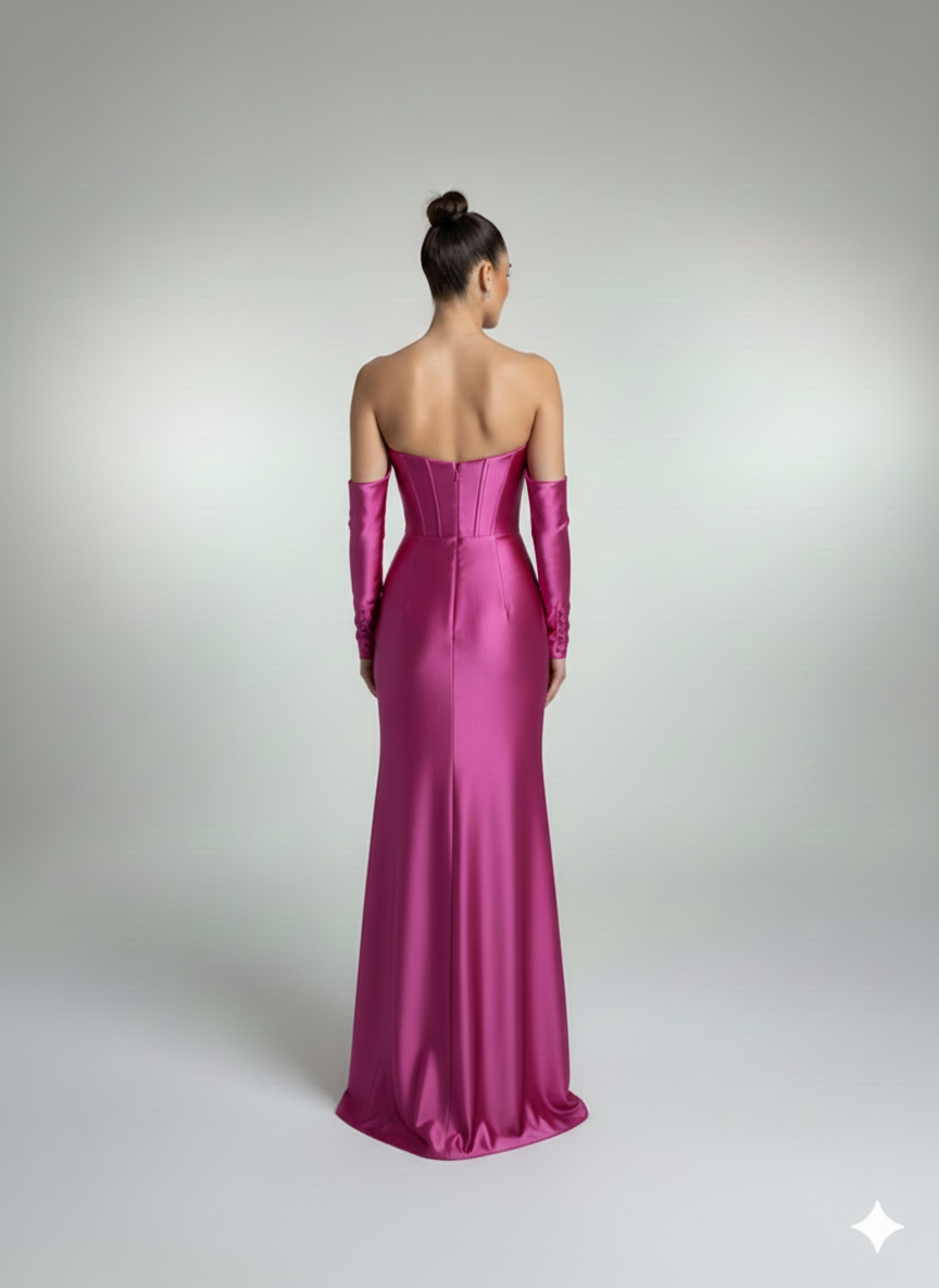 Abito lungo con spacco e maniche staccabilie HC9670 FUCSIA MARICLA ELEGANCE 