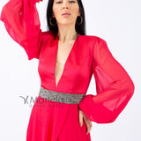 Abito lungo con fascia glitter e spacco MVV42361 MAGENTA MARIA VITTORIA VINCI 