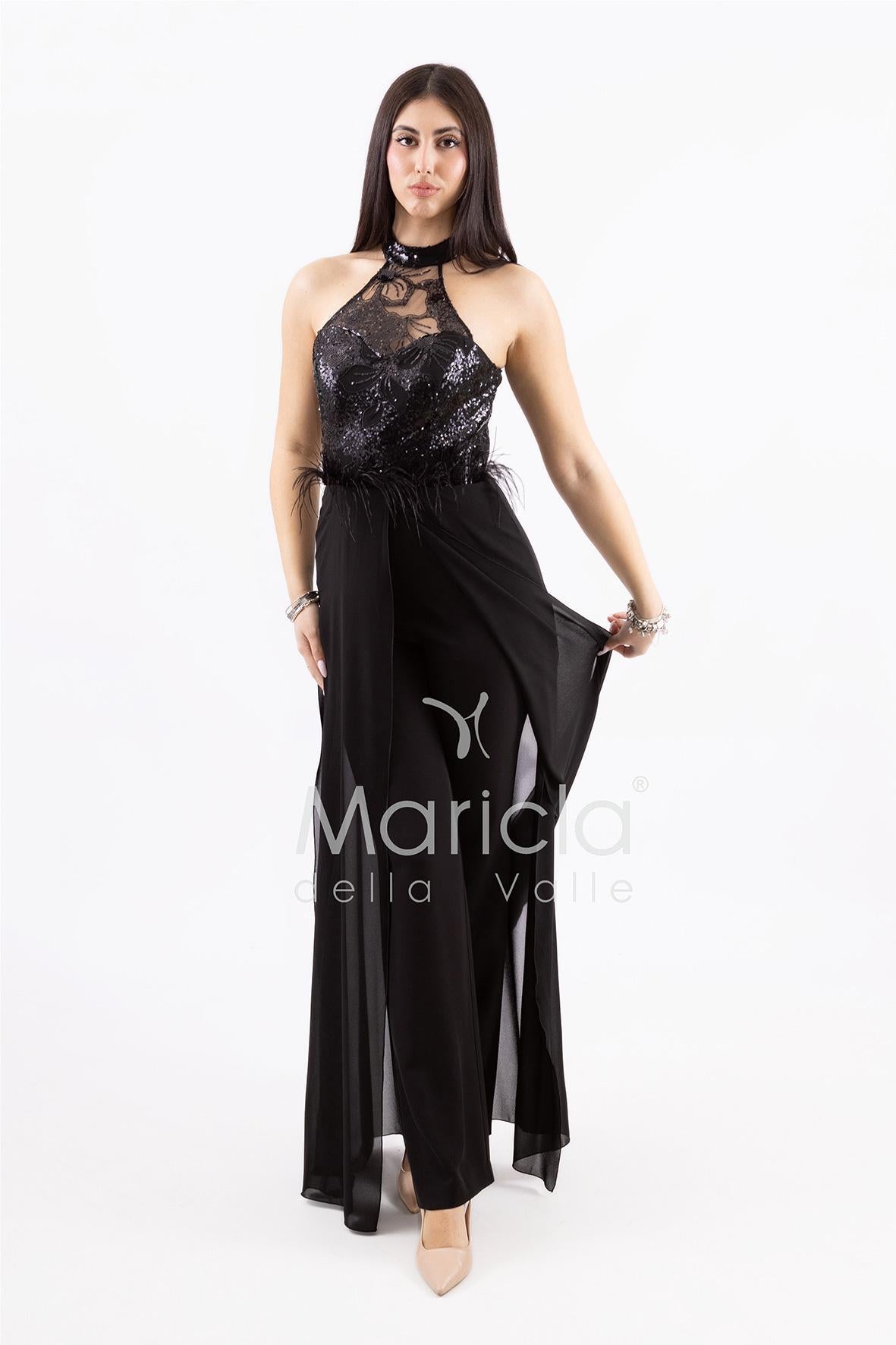 tuta ricamo e piume SH909TU NERO SHARON 