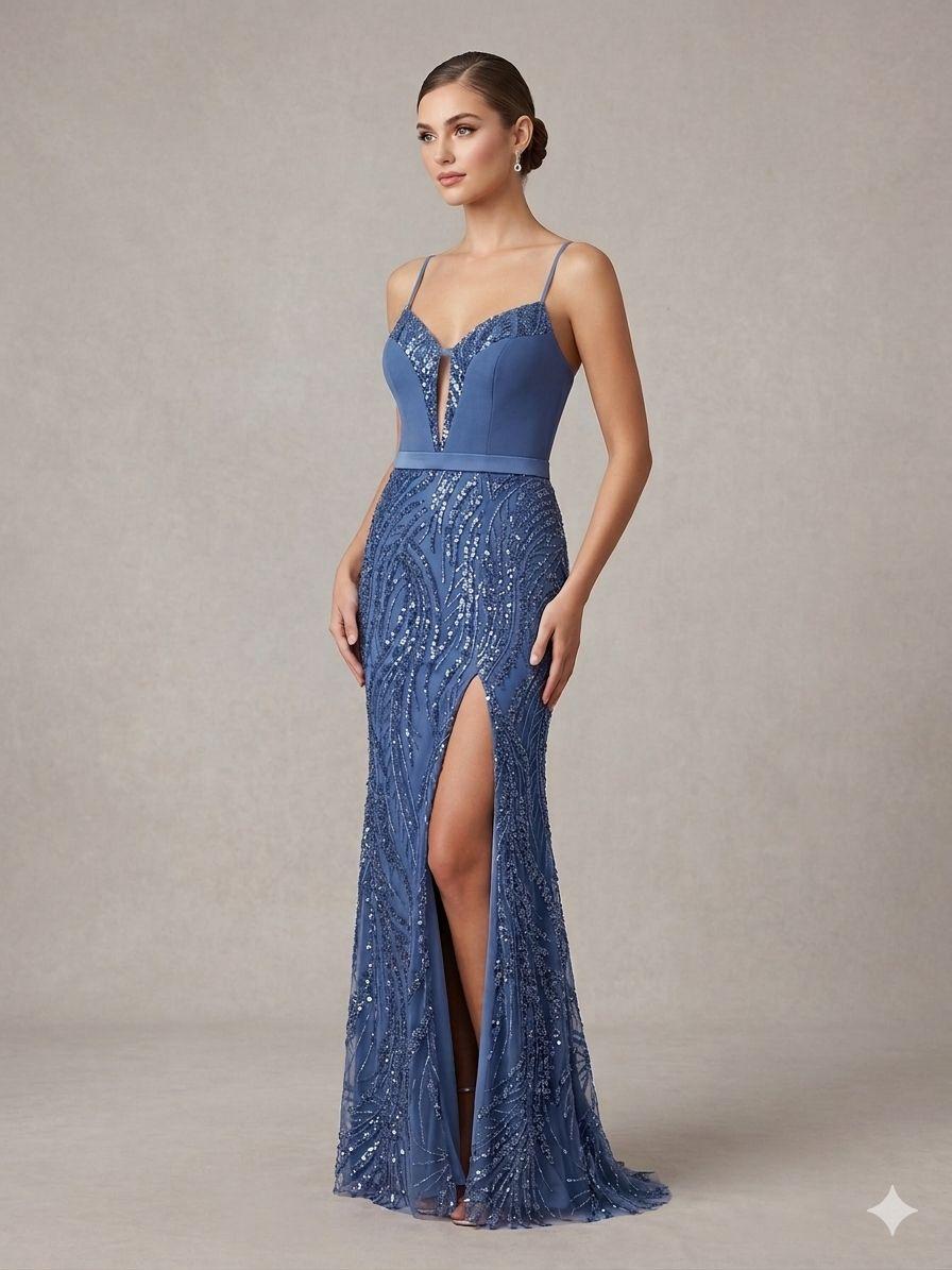 Abito con spacco con ricami e paillettes KMK709 INDACO MARICLA ELEGANCE 