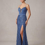 Abito con spacco con ricami e paillettes KMK709 INDACO MARICLA ELEGANCE 