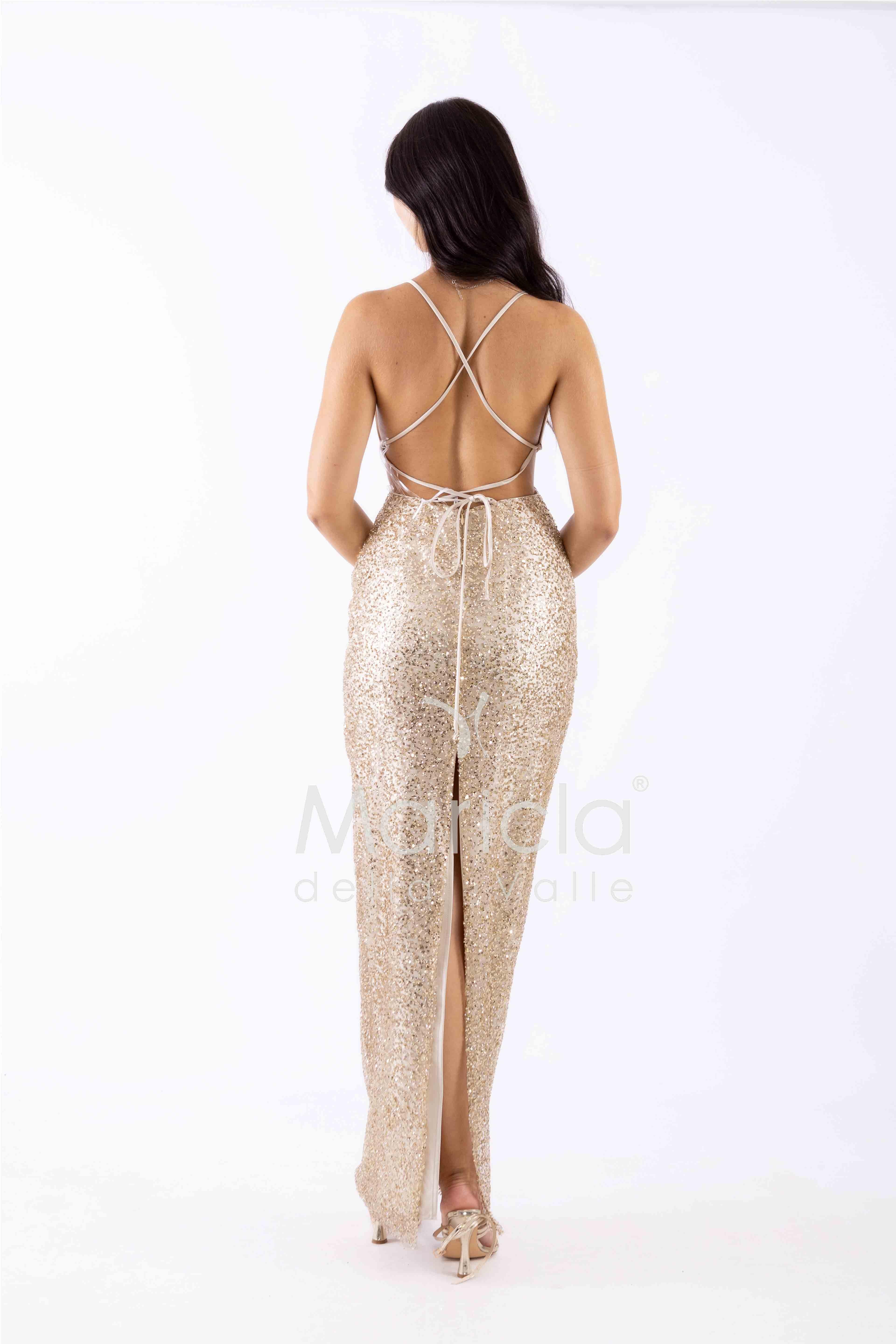 abito lungo paiette e raso scollato DEG55233 ORO MARICLA ELEGANCE 