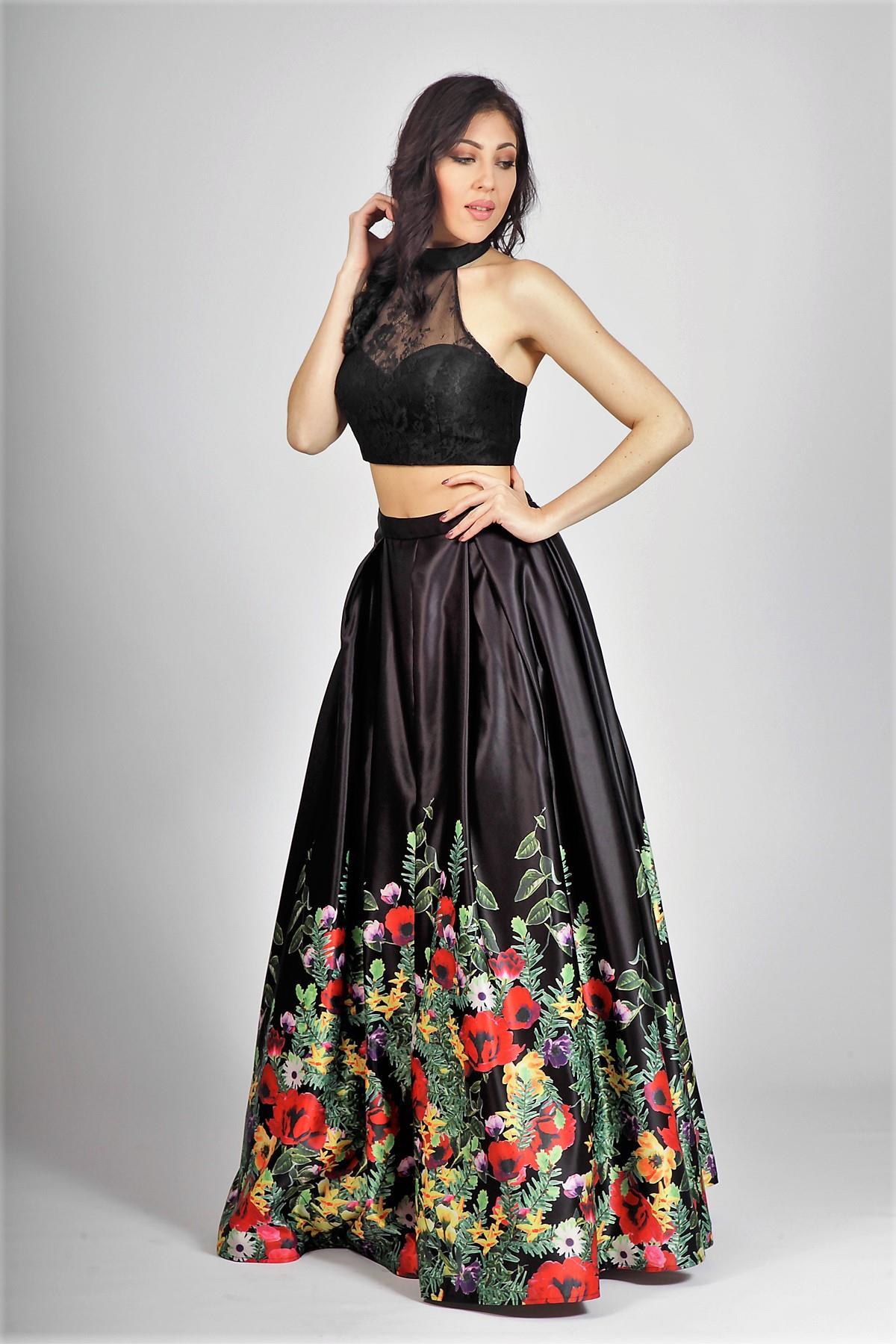 Gonnellone floreale con top in pizzo<BR/> BB27407 NERO MARICLA ELEGANCE 