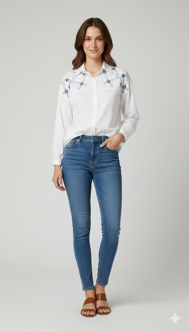 Camicia Over con Ricami Floreali e Dettagli Strass CF50100 BIANCO CARLA FERRONI 