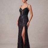 Abito con spacco con ricami e paillettes KMK709 NERO MARICLA ELEGANCE 