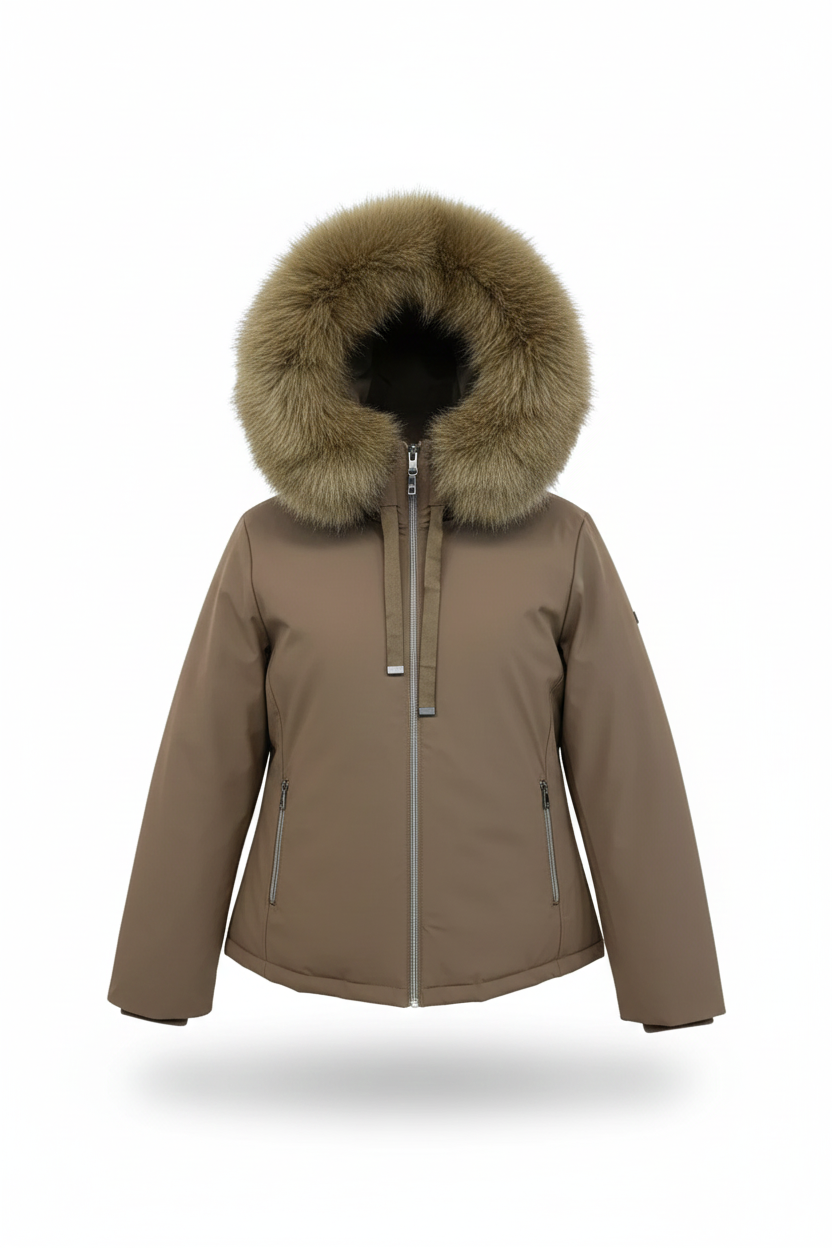 giaccone spalmato medio con cappuccio in pelliccia PH979 TABACCO PEGGY HO 