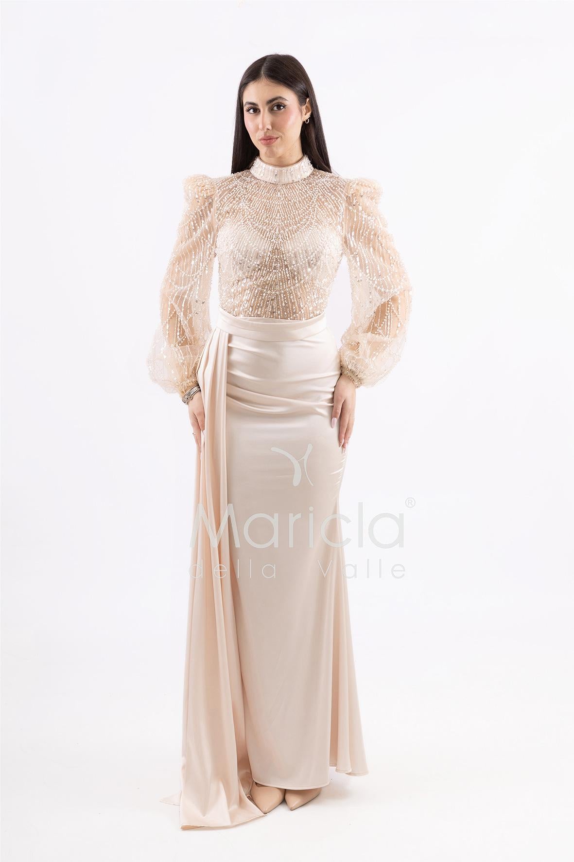 Abito sirena con corpetto ricamato e drappeggio al lato FP512352 CHAMPAGNE MARICLA ELEGANCE 