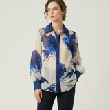 Camicia in Chiffon Semitrasparente - Motivo Floreale Artistico LIB26282 BLU MARICLA 