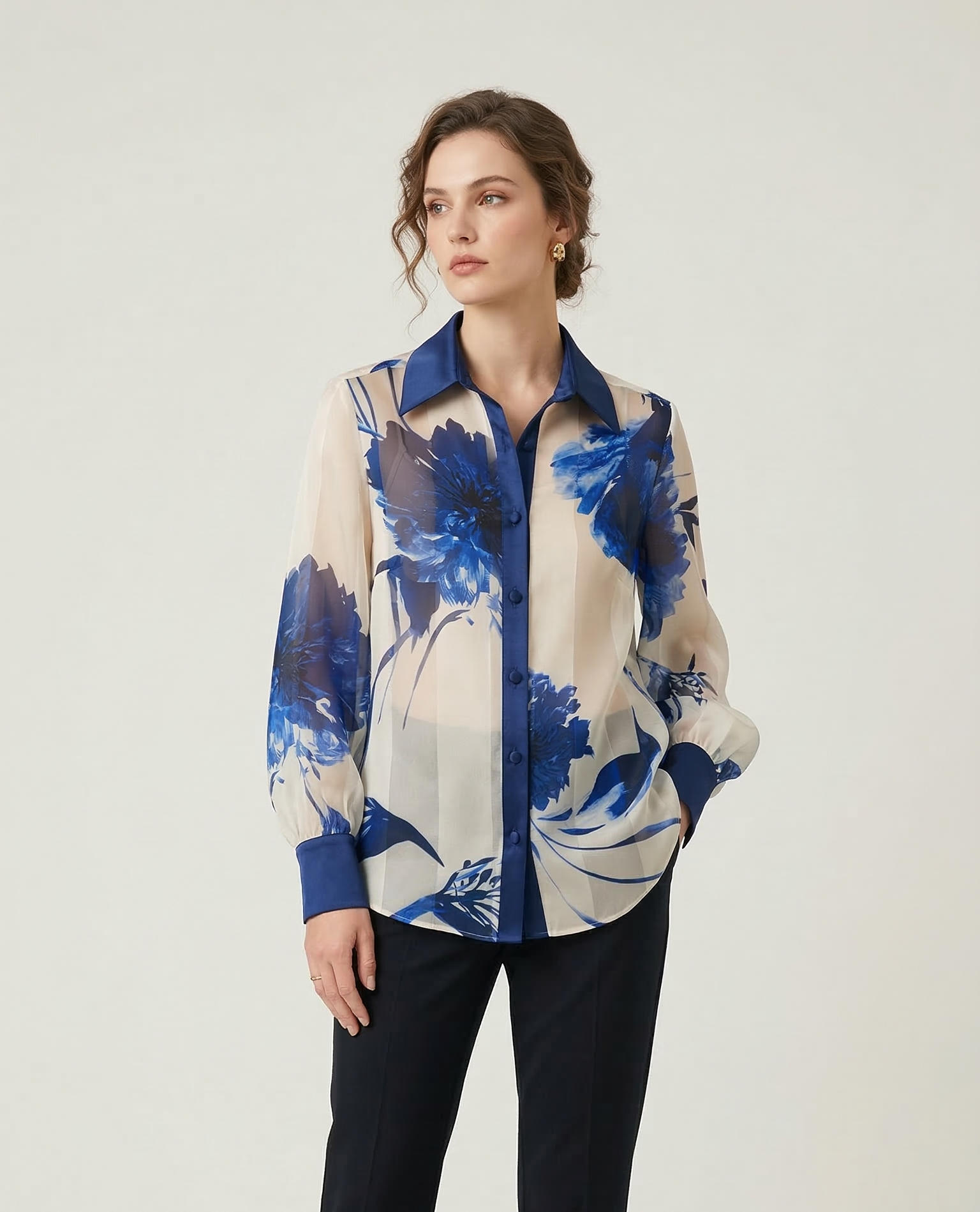 Camicia in Chiffon Semitrasparente - Motivo Floreale Artistico LIB26282 BLU MARICLA 