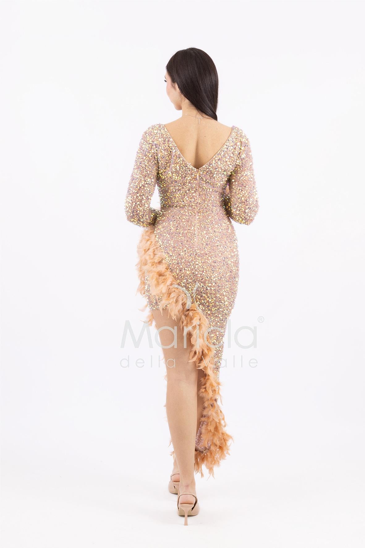 abito manica lunga piume e paiette SS23126 ORO MARICLA ELEGANCE 