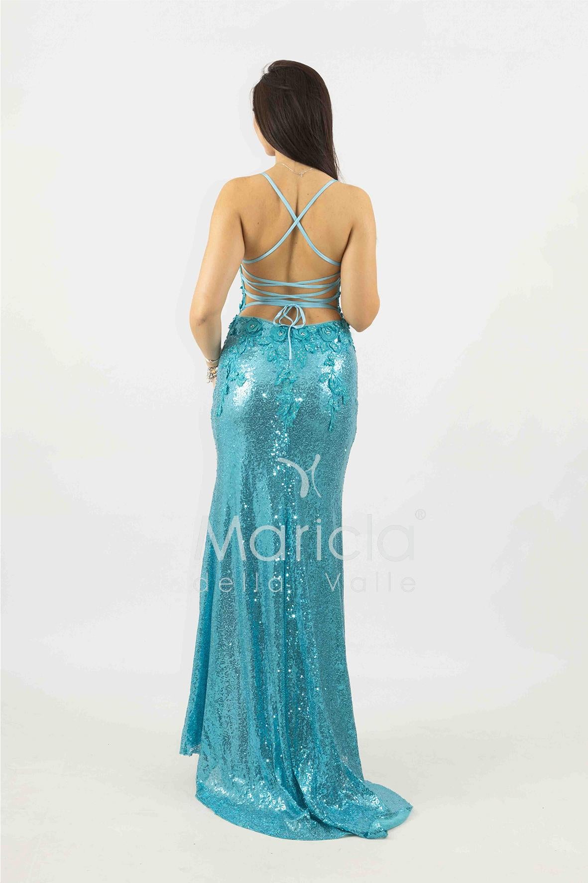 abito lungo paiette e strass ANT4005Z TURCHESE ANTILLE ELEGANCE 