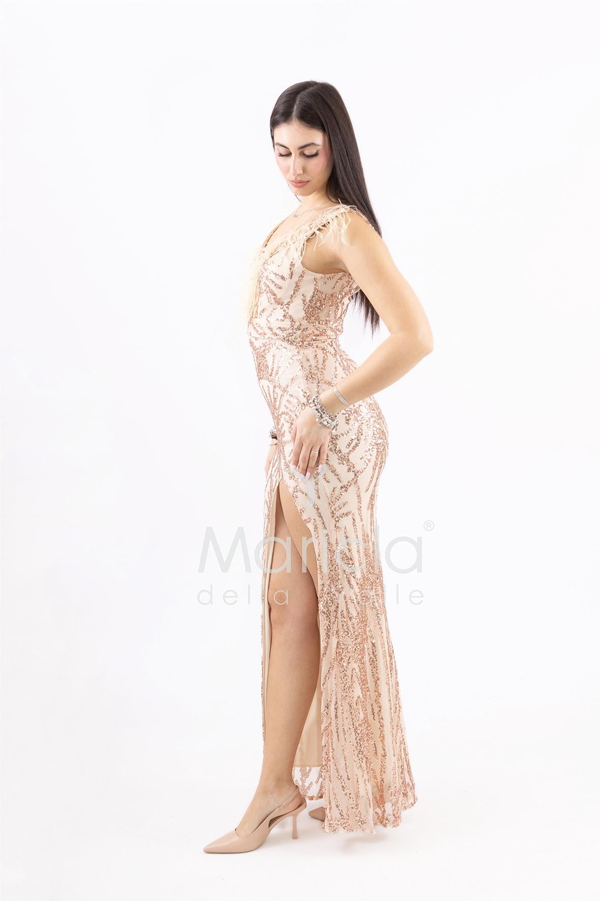 abito lungo a sirena con piume paillettes e perline FP512210 CIPRIA MARICLA ELEGANCE 