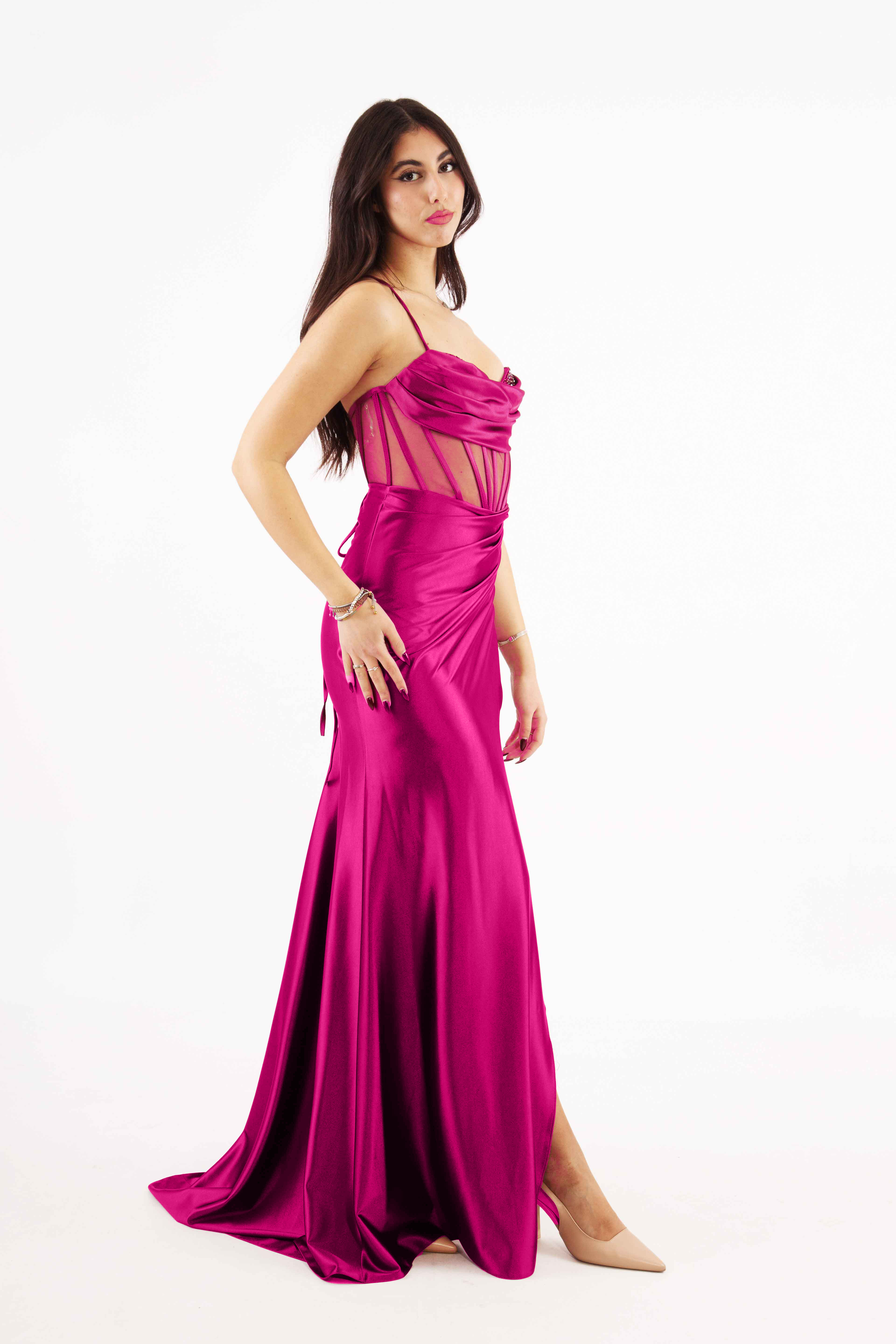 abito lungo corpetto steccato HC5108 FUCSIA MARICLA ELEGANCE 