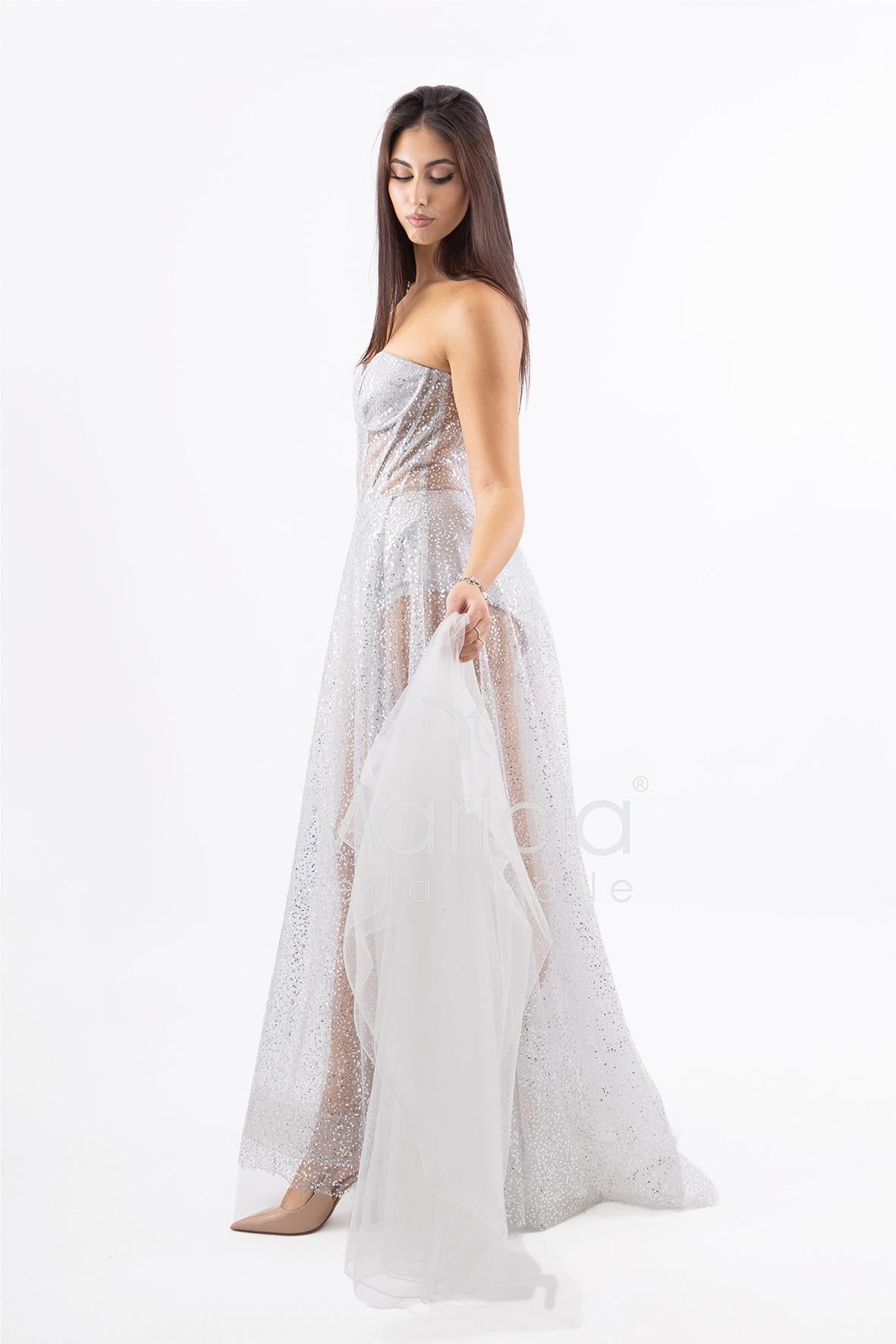 Abito lungo glitterato con bustier e coppe JC29336 ARGENTO MARICLA ELEGANCE 