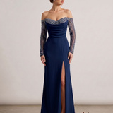 Abito lungo con spacco e maniche velate KMK759 BLU MARICLA ELEGANCE 