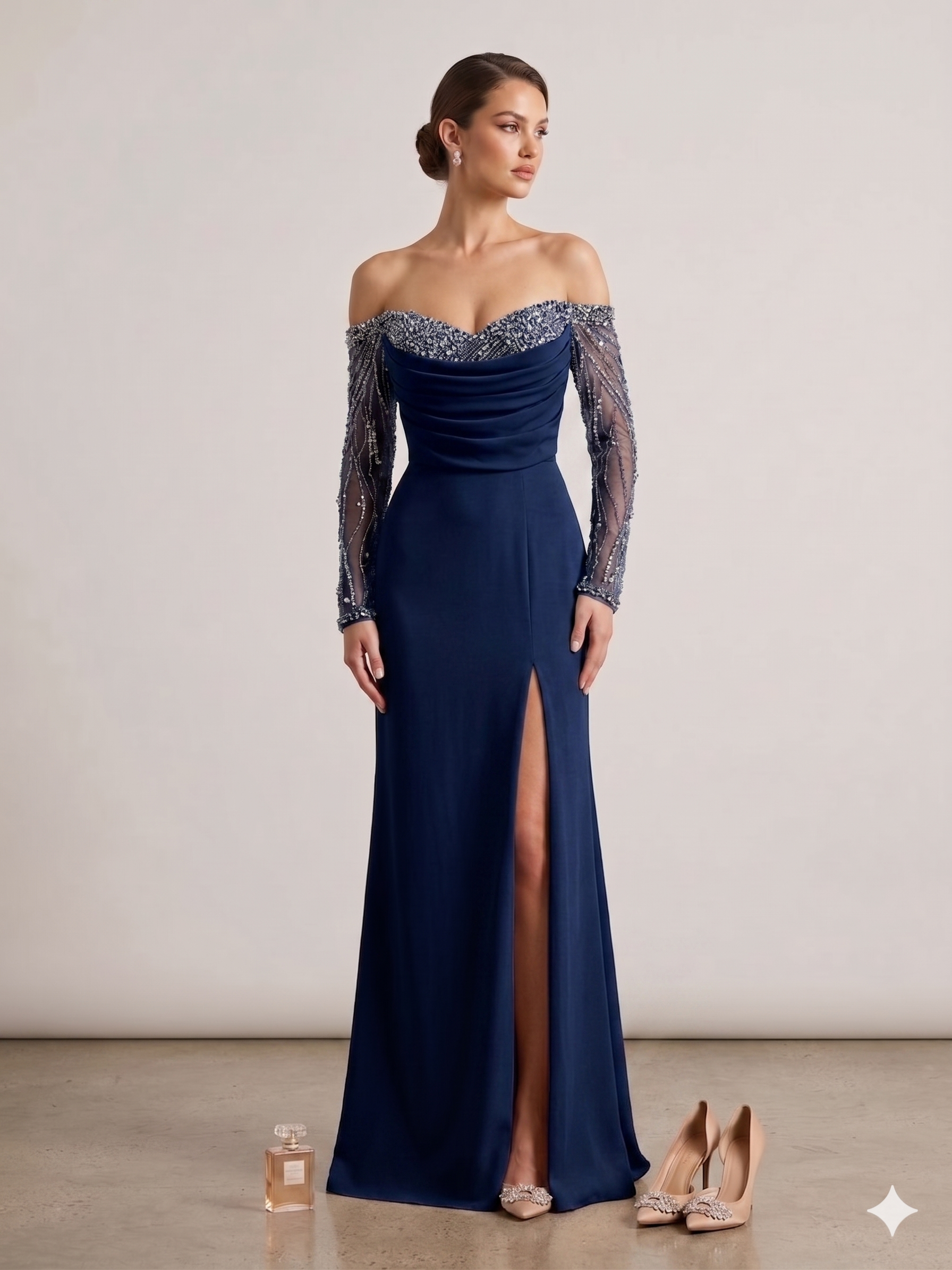 Abito lungo con spacco e maniche velate KMK759 BLU MARICLA ELEGANCE 