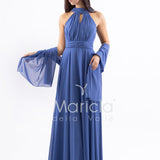 Abito lungo in chiffon con scollo americano FI7518 INDACO MARICLA ELEGANCE 