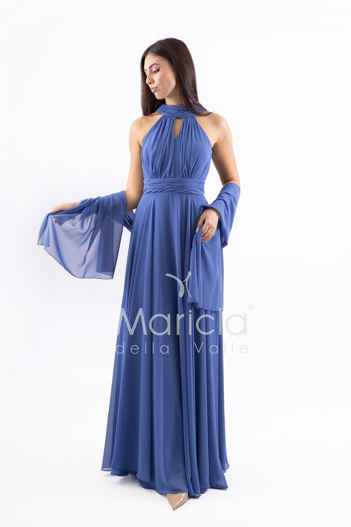 Abito lungo in chiffon con scollo americano FI7518 INDACO MARICLA ELEGANCE 