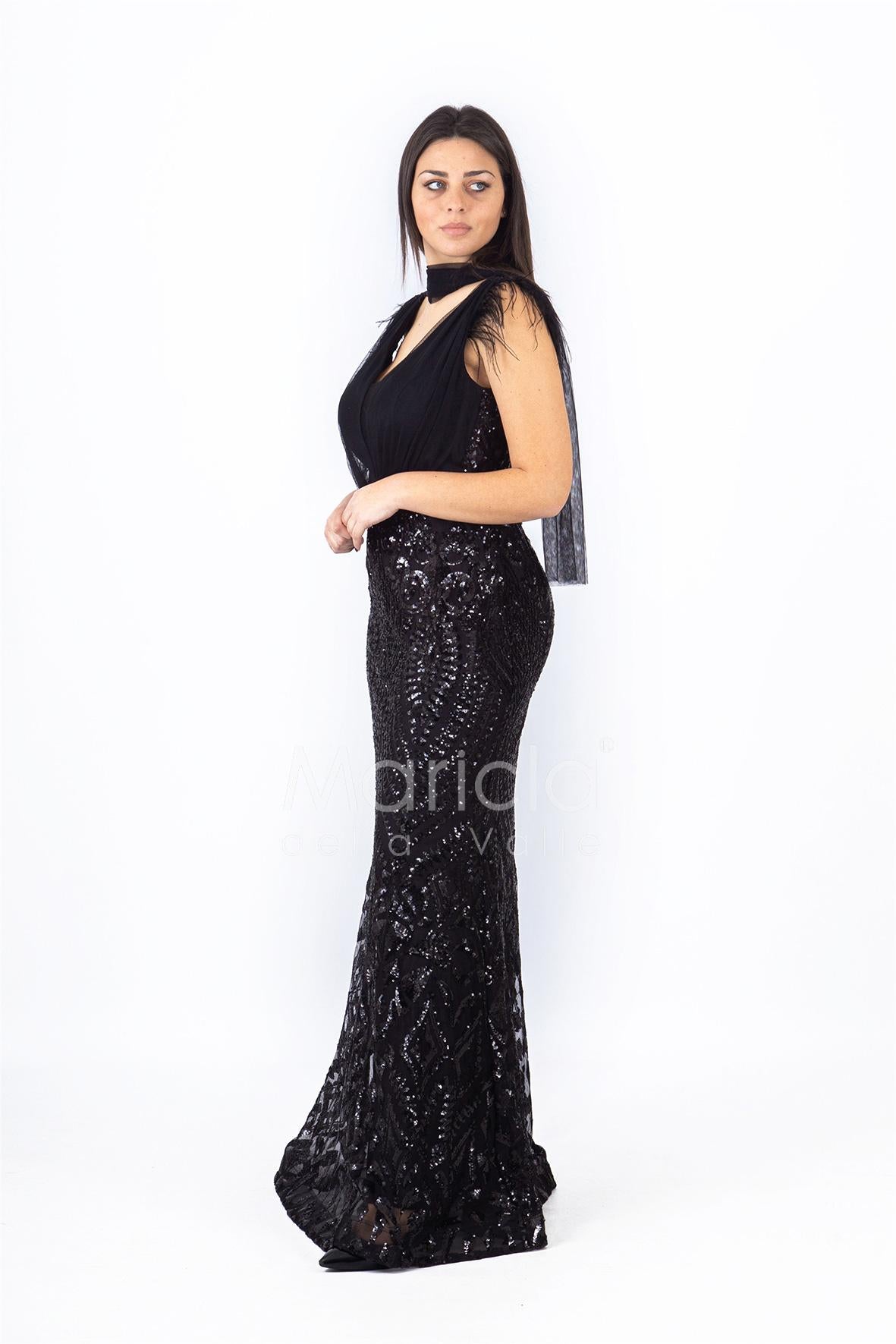 abito lungo paiette e piume RG103RF NERO GIGLI CERIMONIA 