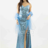 abito lungo paiette e fettucce laterali JC35326 CELESTE MARICLA ELEGANCE 