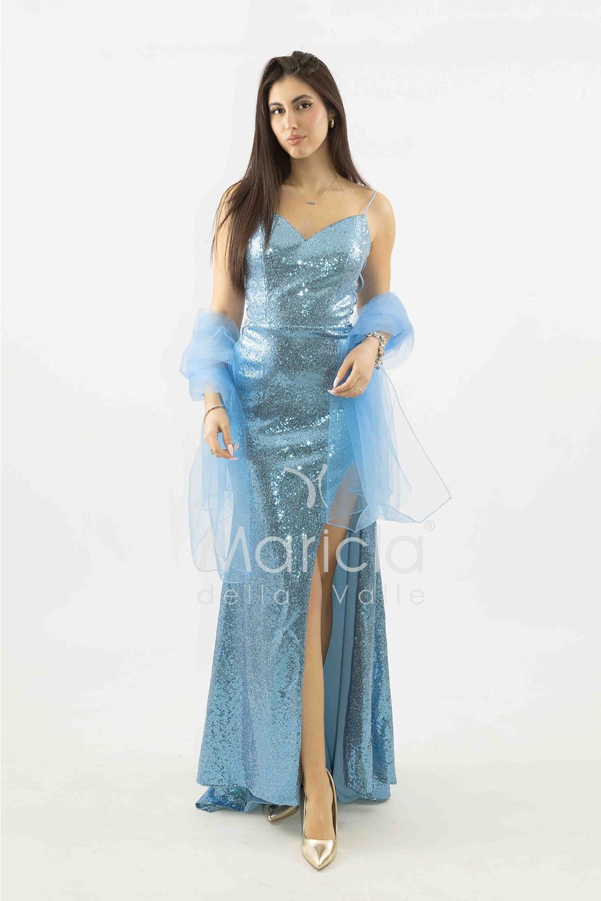abito lungo paiette e fettucce laterali JC35326 CELESTE MARICLA ELEGANCE 