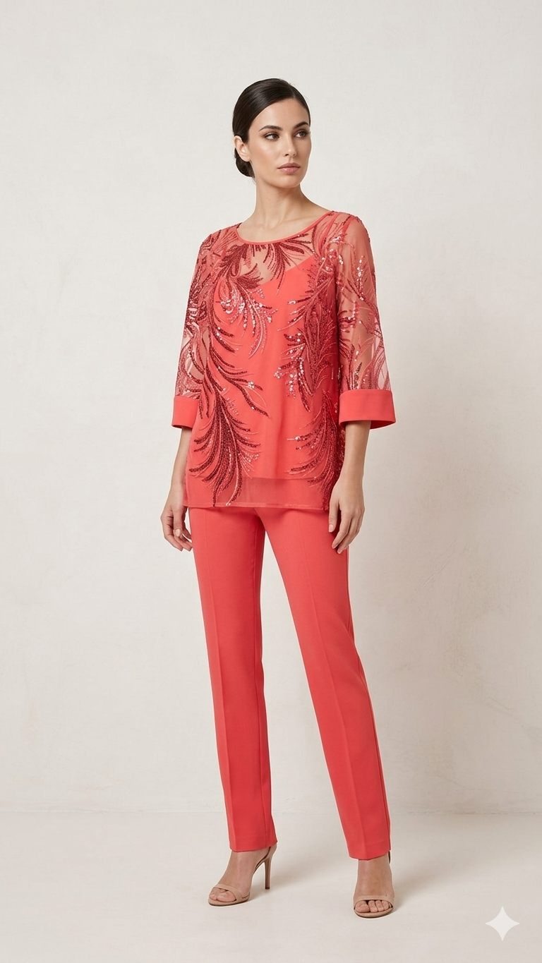 completo 3 pezzi Casacca ricamata- Canotta - Pantalone SH602TP CORALLO SHARON 