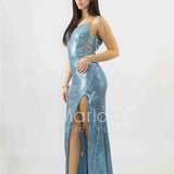 abito lungo paiette e fettucce laterali JC35326 CELESTE MARICLA ELEGANCE 
