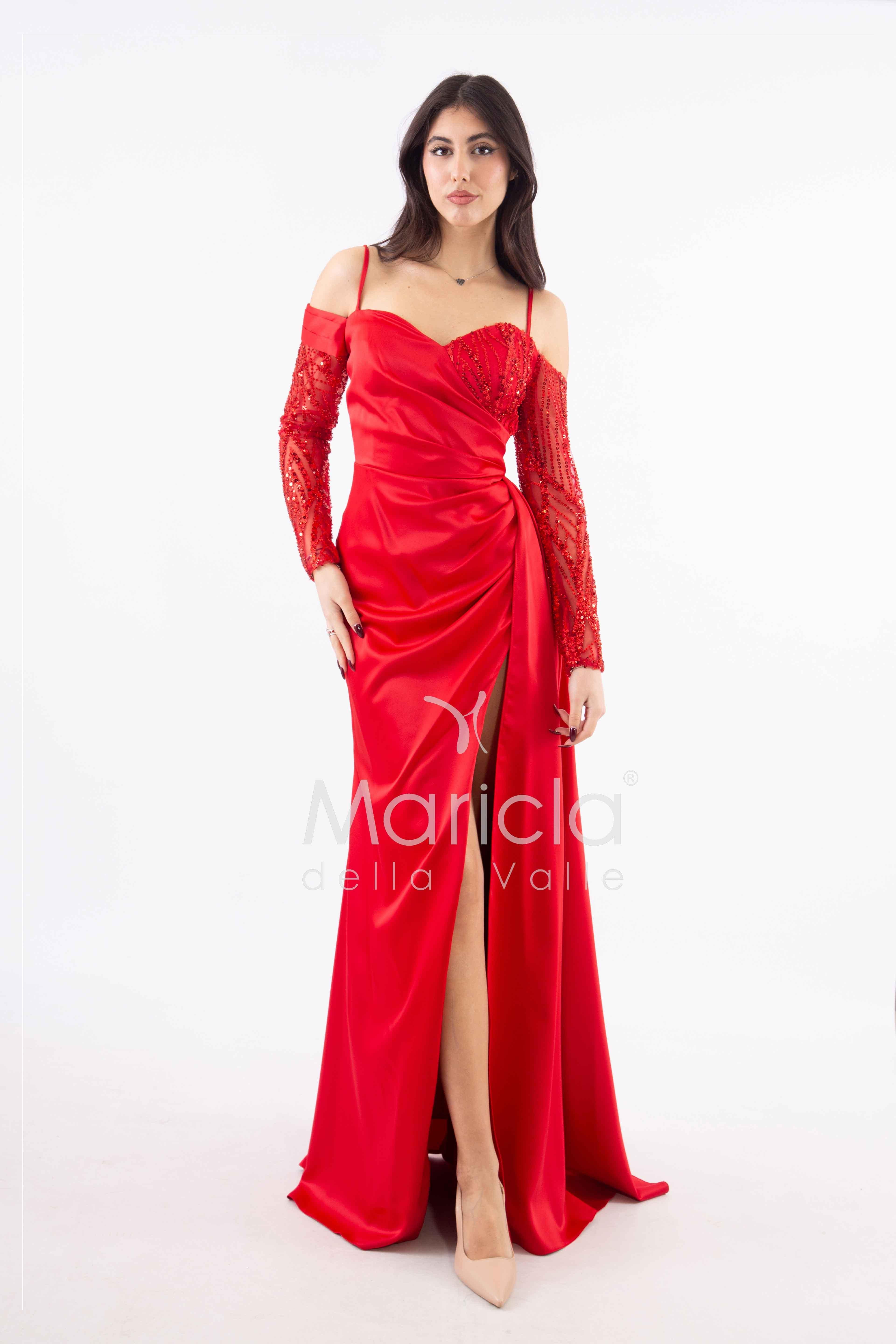 abito lungo con maniche paiette HC7389 ROSSO MARICLA ELEGANCE 