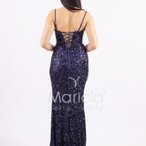 Abito lungo a sirena con paillettes e strascico PF8065F BLU MARICLA ELEGANCE 