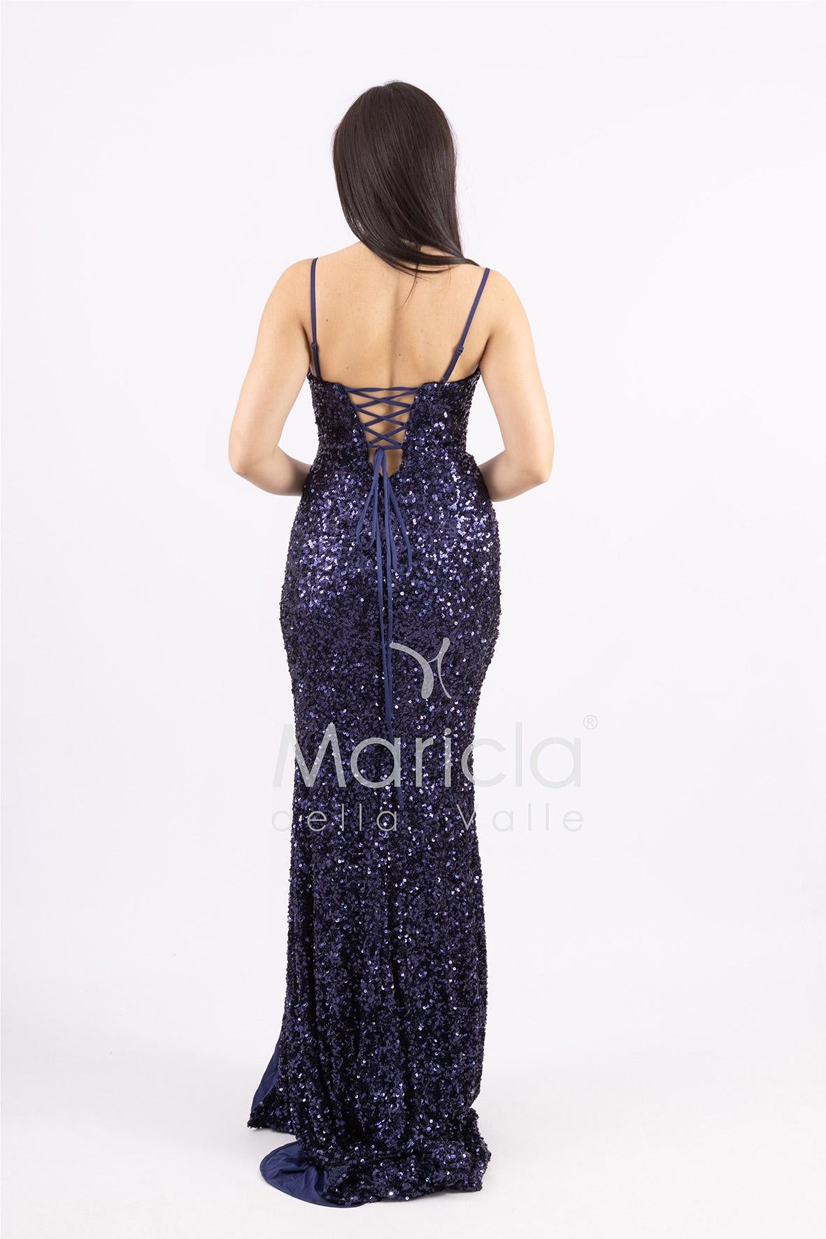 Abito lungo a sirena con paillettes e strascico PF8065F BLU MARICLA ELEGANCE 