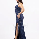 abito lungo paillettes drappeggio e spacco PB8066F BLU MARICLA ELEGANCE 