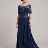 Abito lungo con maniche in paillettes KMK590 BLU MARICLA ELEGANCE 