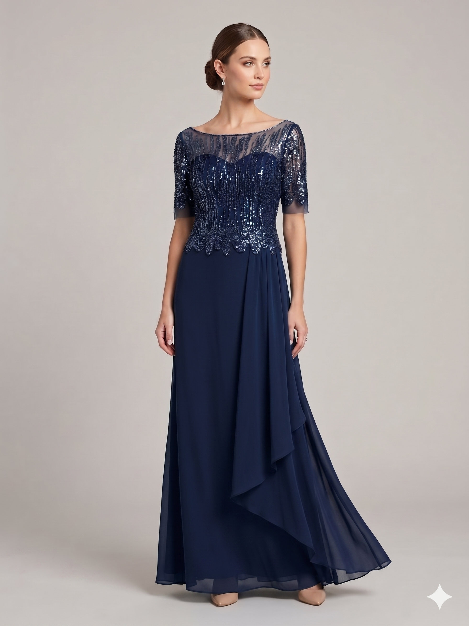 Abito lungo con maniche in paillettes KMK590 BLU MARICLA ELEGANCE 