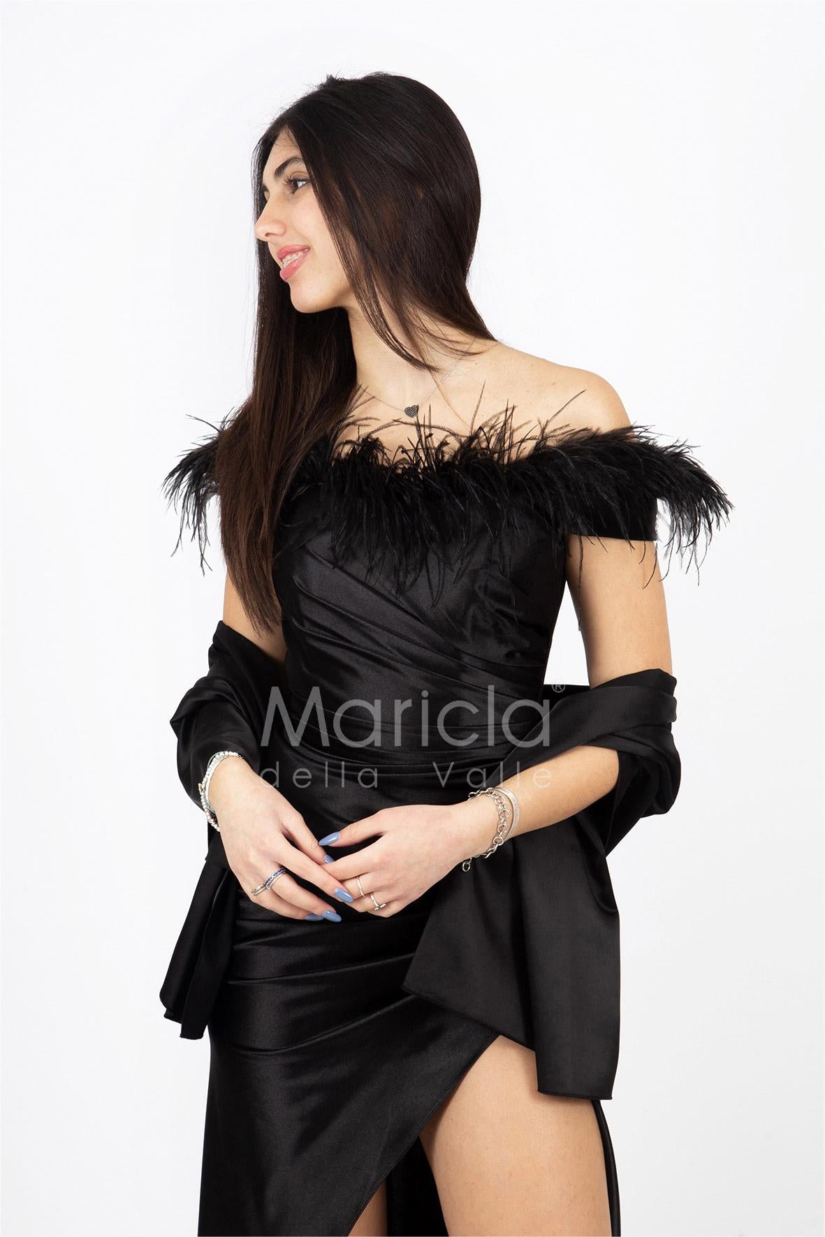abito lungo con piume scollo HC5011 NERO MARICLA ELEGANCE 