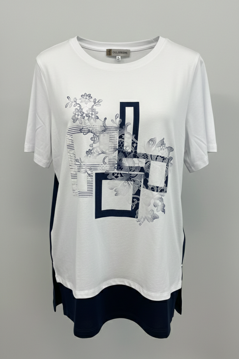 T-shirt Bi-materiale con Grafica Geometrica e Floreale CF50101 BIANCO CARLA FERRONI 