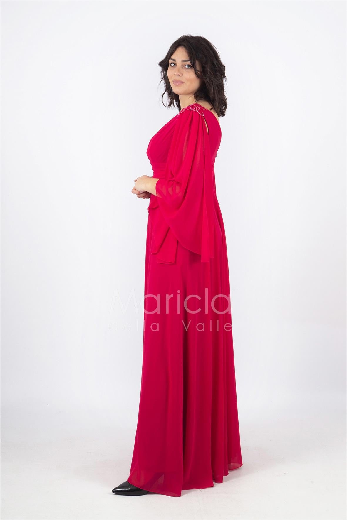 abito lungo ricamo spalla manica farfalla RG4509 MAGENTA GIGLI CERIMONIA 