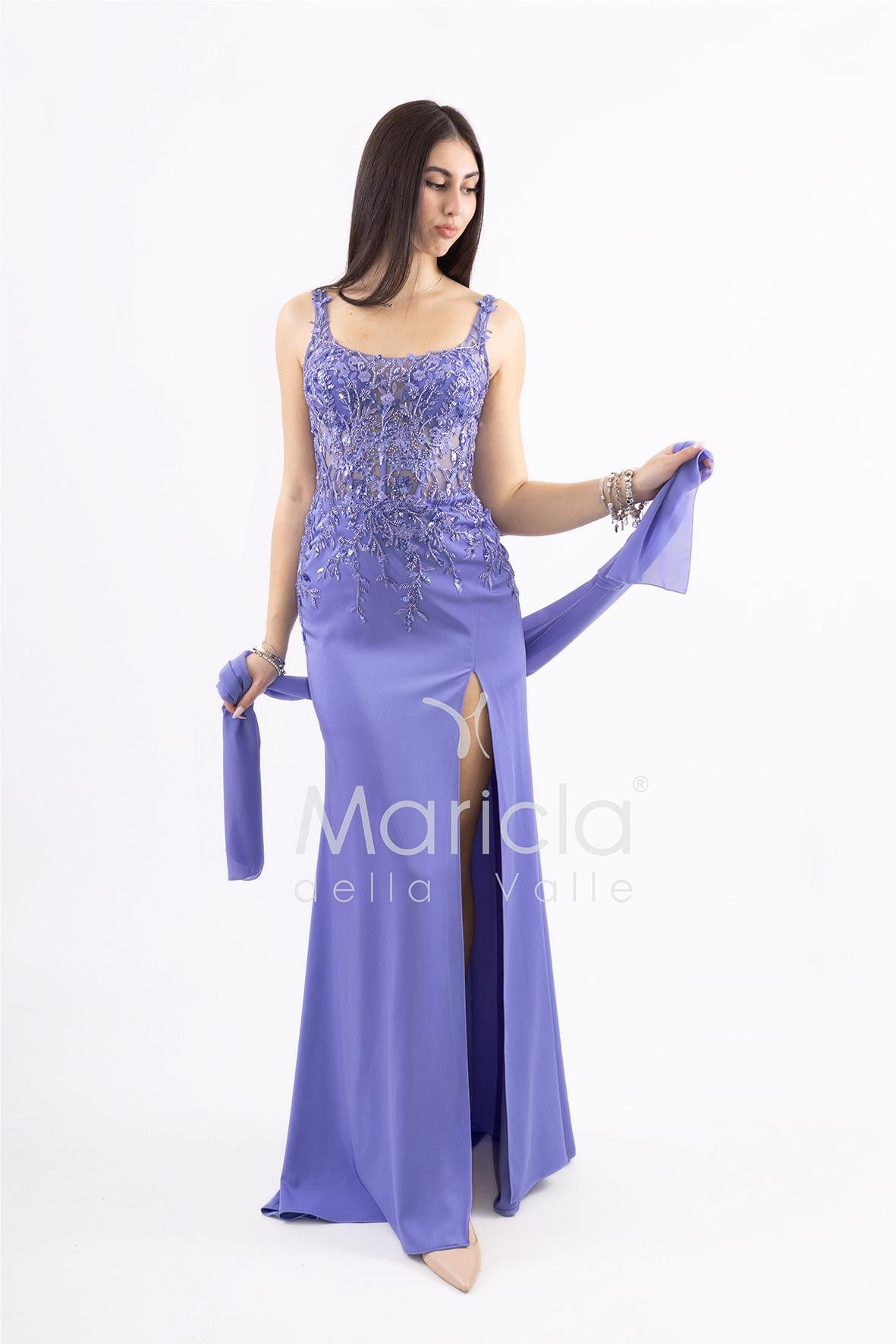 Abito lungo con corpette in pizzo e paillettes ANT25020XJ INDACO ANTILLE ELEGANCE 