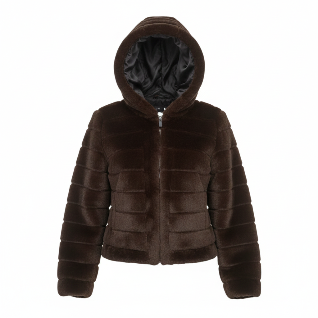 Giaccone in pelliccia a fasce con cappuccio<BR/> LIN3422 MORO MARICLA 