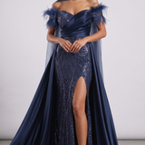 Abito lungo a sirena  con spacco e piume <BR/> KMK605 BLU MARICLA ELEGANCE 