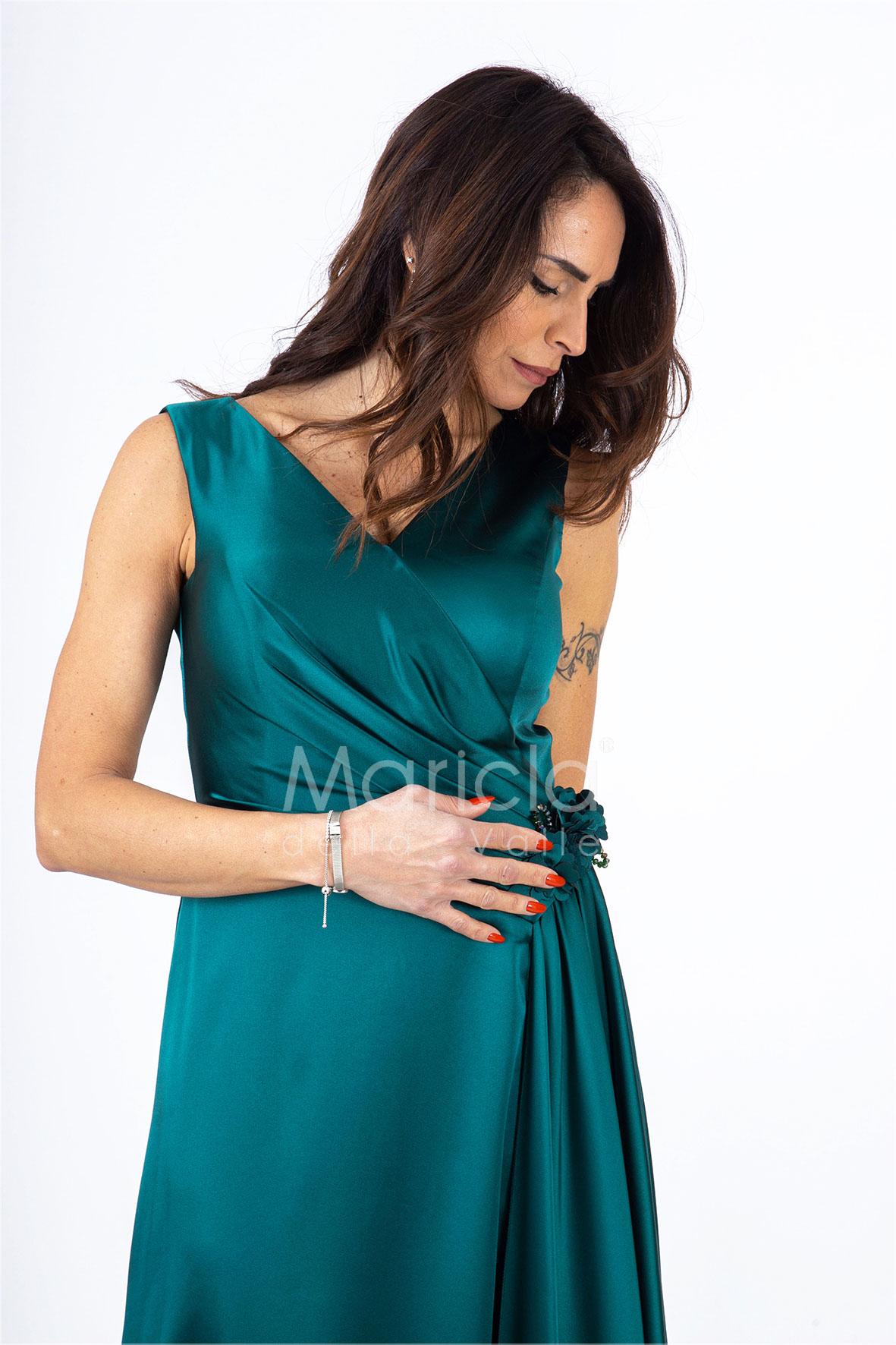 abito lungo con fusciacca e fiore RG4227 VERDE GIGLI CERIMONIA 