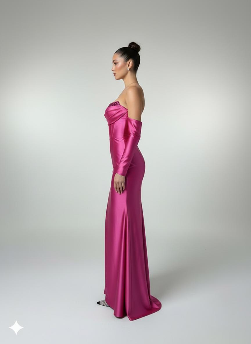 Abito lungo con spacco e maniche staccabilie HC9670 FUCSIA MARICLA ELEGANCE 