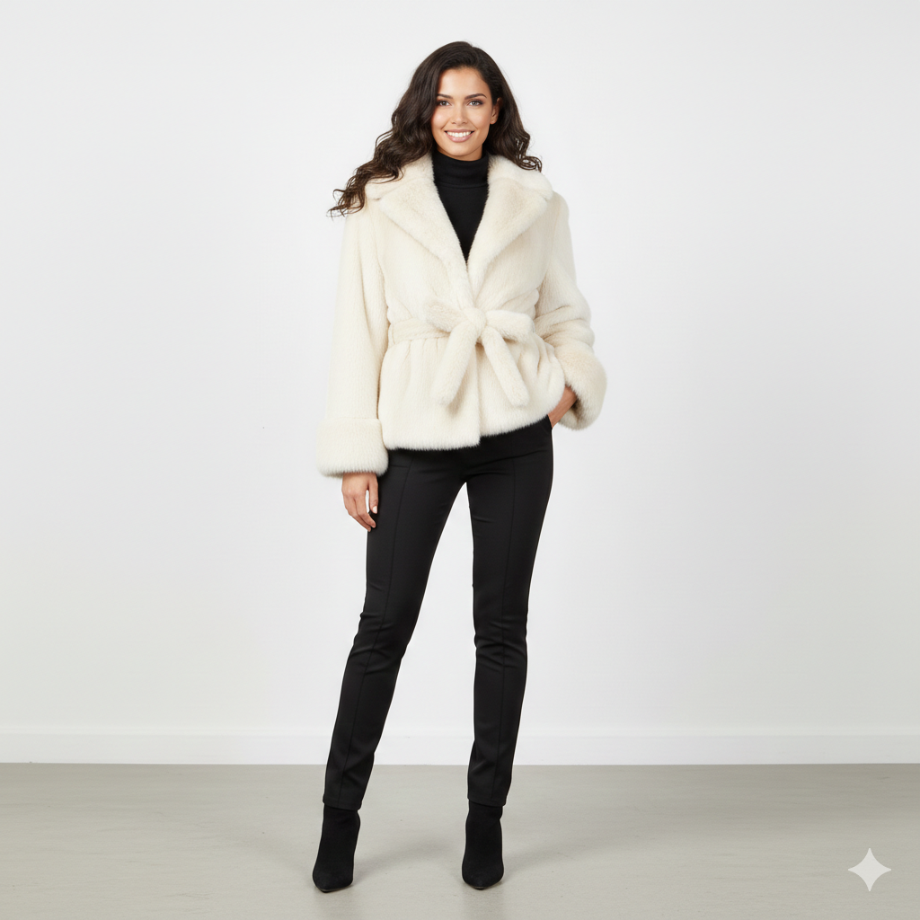 Giaccone ecopelliccia striata con cinturino e cappuccio EC0522 PANNA MARICLA 