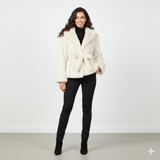 Giaccone ecopelliccia striata con cinturino e cappuccio EC0522 PANNA MARICLA 